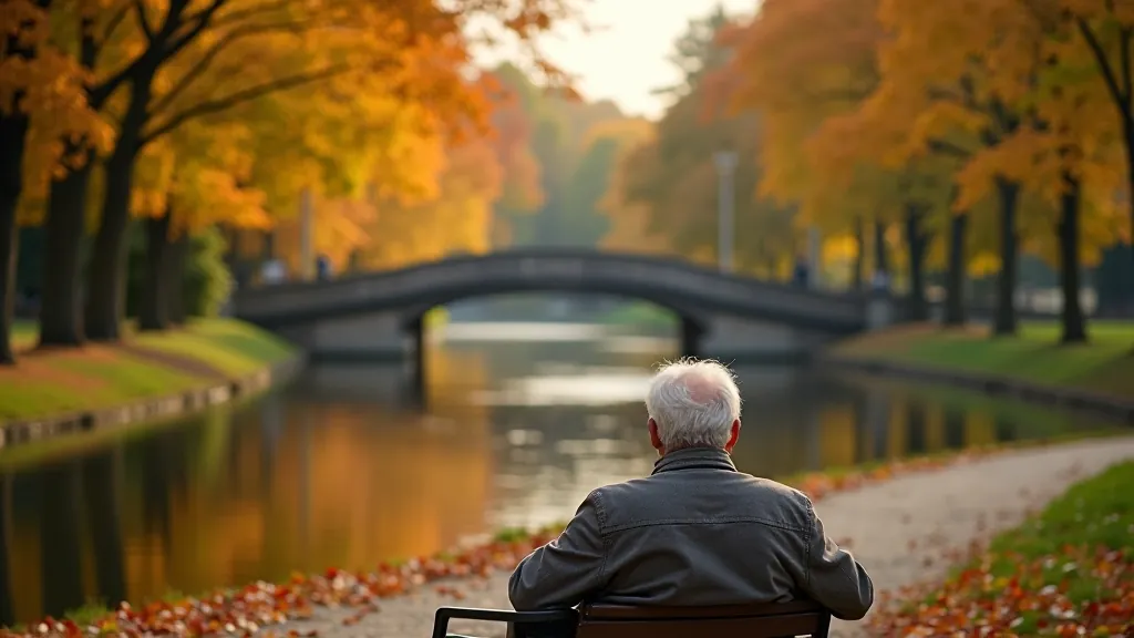 Skaista kanāla taka ar tiltu un ūdeni, rudenīgās noskaņas, seniori sēž uz soliņa