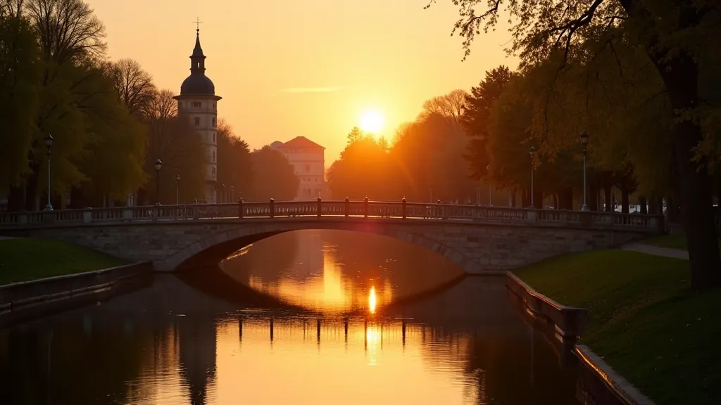 Skaista fotogrāfija kanālā — tilts, ūdens, debeši, zieds, profesionāla fotogrāfija