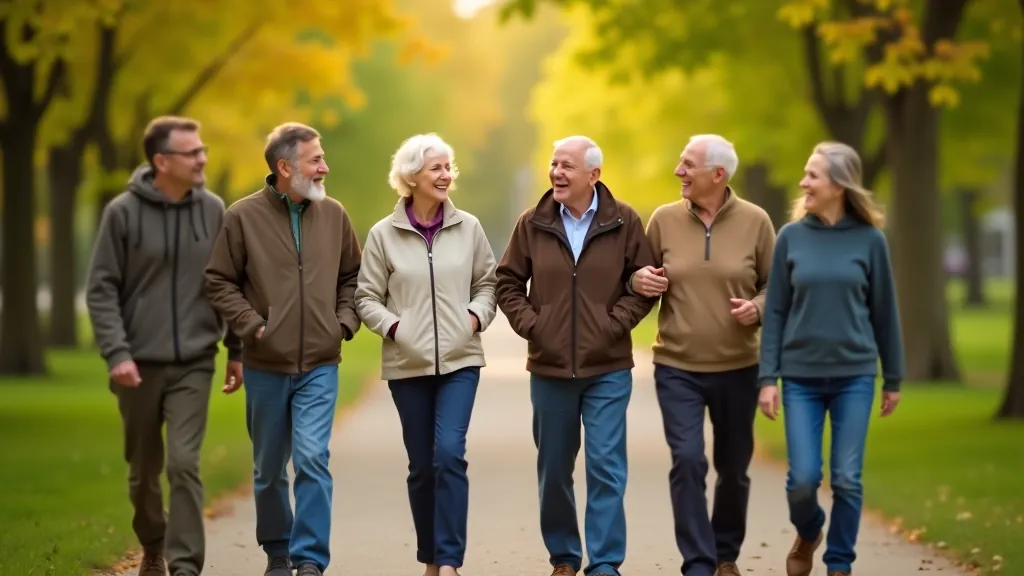 Grupa senioru, kas jautri pastaigājas un sarunājas pa ozolu alejām